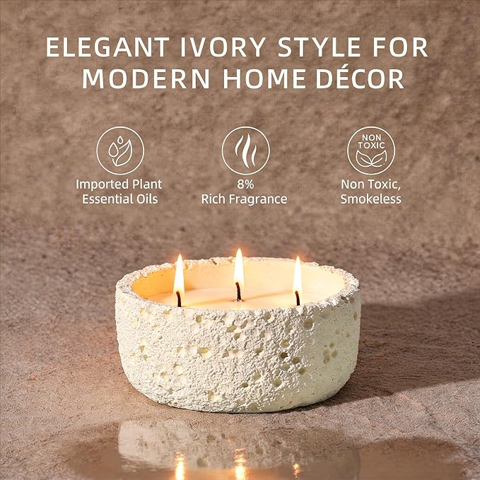 Viyffo 20oz Large Scented Candle - Lemongrass & Bergamot, 3 Wick Home Scented Candle, Non Toxic Soy for Women and Men, Ivory White Textured Ceramic Jar, Luxury Fragrance, Elegant Home Décor & Gift