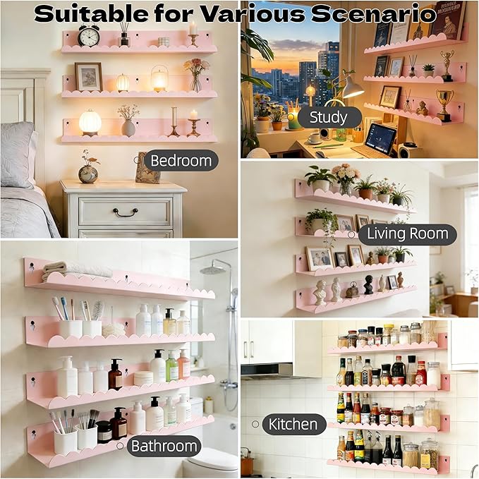 24 Inch Nursery Book Shelves Set of 4, Pink Metal Floating Shelves for Wall, Scalloped Cloud Book Shelf for Kids Room, Bathroom, Bedroom, Playroom Wall Decor & Storage