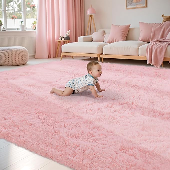 Fluffy Pink Area Rug for Bedroom Living Room Soft 8x10 Fuzzy Washable Rugs Non-Shedding Indoor Plush Rug for Nursery Kids Room Dorm Room Home Decor, High Pile Shaggy Floor Carpets(Dark Pink 8'x10')