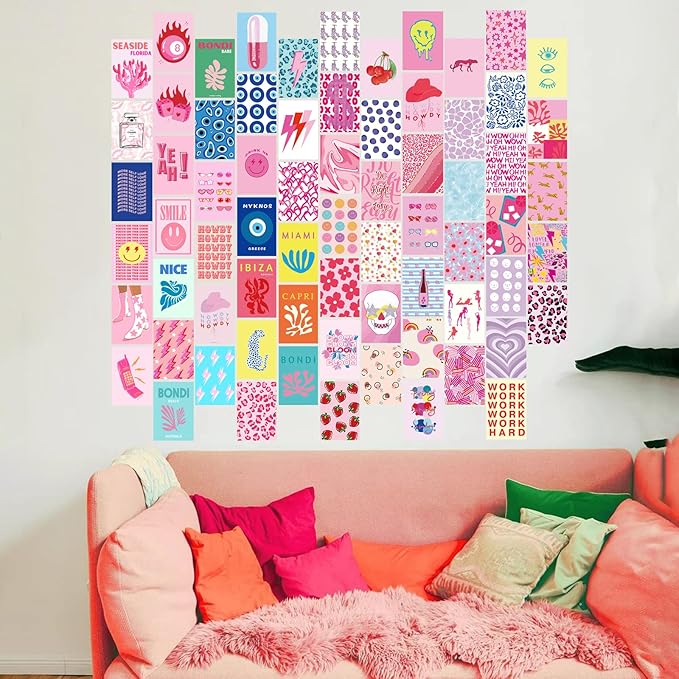 KBKBART 70pcs Preppy Room Decor, Aesthetic Pictures, Cute Trendy Pink Photo Collage Kit 4"x6" Hot Pink Preppy Wall Art Posters/Things for Teen Girls Bedroom Dorm