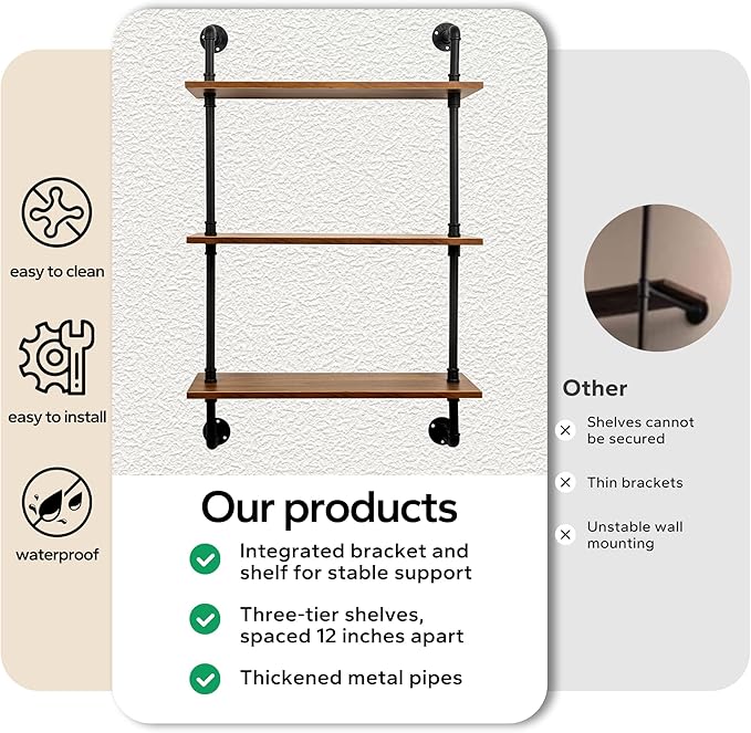 3-Tier Industrial Pipe Floating Shelf – Rustic 24 inch Wood Wall-Mounted Storage Shelf for Kitchen Office,Bathroom & Home Decor -Walnut