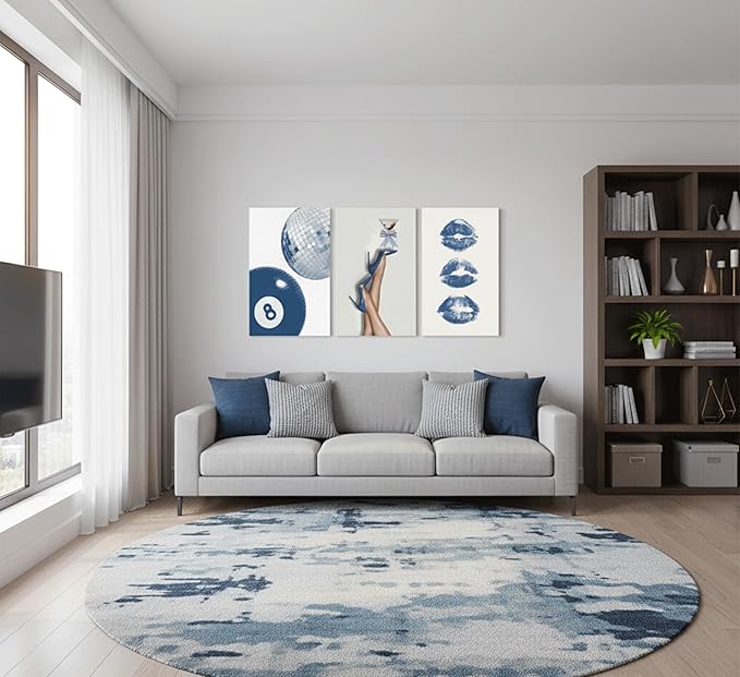 3Pcs BlueTrendy Aesthetic Canvas Wall Art,Fashion High-Heeled Shoe Lucky 8 Ball Lip Picture Poster Prints Y2K Stylish Wall Decor,For Girls' Bedroom Dorm Apartment Wall Decor 12x16in Framed