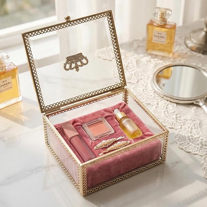 Veemoon Elegant Small Glass Jewelry Storage Box Clear Decorative Jewelry Display Case Lady Square Keepsake Box Trinket Organizer Vintage Make up Storage can for Earrings Pendants Cosmetic, 3.5×2.3"