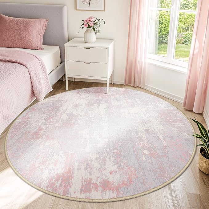 RELEANY Washable Area Rugs 6ft Non-Slip Modern Abstract Soft for Living Room Entryway Bedroom Nursery, Print Pattern, Grey Pink