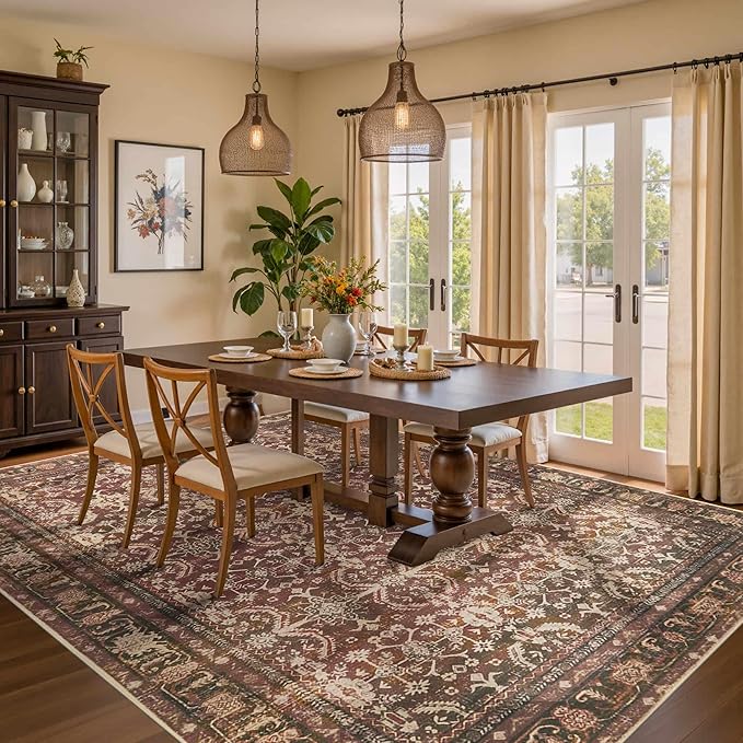 Rugxara 8x10 Area Rugs for Living Room Bedroom, Large Washable Christmas Rug, Vintage Oriental Boho Rug, Non Slip & Low Pile Faux Wool Thin Carpet for Indoor Dining Room and Kids Room(Red 8x10ft)