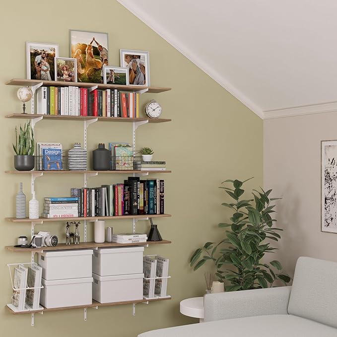 Wallniture Turin 48"x 10" Rustic Floating Wall Storage Shelf, Wall Book Shelves with Adjustable Metal White Brackets, Storage Shelving Unit, Garage, Pantry, Burnt