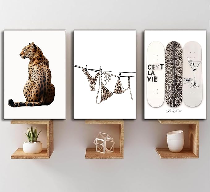TOLAN 3Pcs Trendy Leopard Print Canvas Wall Art Stylish Female Aesthetic Poster Cheetah Printed Preppy Fashion Skateboard Picture Wall Decor for Bedroom Apartment Dorm Living Room Home Decoration