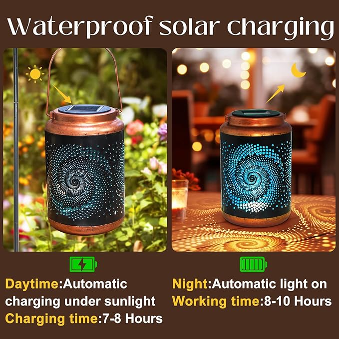 DIBIEECN Mothers Day Gifts for Mom, Birthday Gifts Grandma Ladies Solar Lanterns Outdoor Hanging Hollowed-Out Metal Waterproof LED Garden Decor Outside for Patio Yard Porch, Blue, 4 Pack