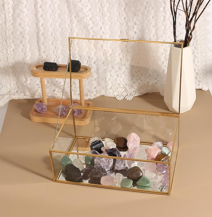 Feyarl Gold Glass Photo Display Box Figures Keepsake Box Jewelry Trinket Rings Earrings Perfume Storage Organizer Display Case Makeup Holder for Home Decor Wedding (10.8 x 7 x 3.9inch)