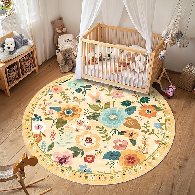 RELEANY Floral Nursery 4ft Area Rugs Washable Print Boho Cute Carpet Non Slip Flower Low Pile for Living Room Kids Girls Playroom Bedroom Kitchen Office Farmhouse-Ivory/Yellow