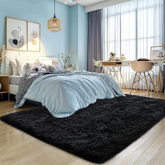 KICHOWUA Thick Area Rug Black Fluffy Shag 6x9 for Bedroom, Ultra Soft Plush Shaggy Fuzzy Washable Carpet, Modern Thickened Non-Slip Cozy Furry Rug for Living Room Kids Baby Nursery, and Dorm
