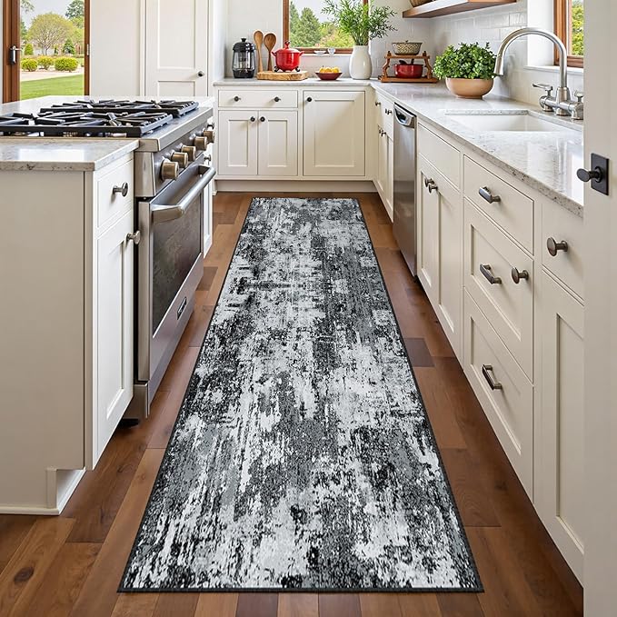 RELEANY Washable Area Rugs 2'x6' Non-Slip Modern Abstract Soft for Living Room Entryway Bedroom Nursery, Print Pattern, Black Navy Blue Gray