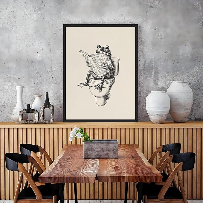 RINMFEO Funny Frog Bathroom Canvas Art Retro Frog on Toilet Reading Newspaper Quirky Wall Decor Playful Animal Poster 12x16inch Black frame