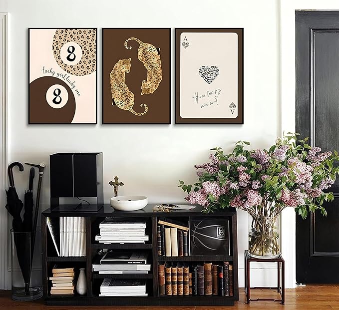 3pcs Trendy Leopard Canvas Wall Art Funky Lucky 8 Ball Posters Prints Preppy Room Aesthetic brown Cheetah Prints Wall Decor Pictures for living room Bedroom Dorm Apartment Unframed