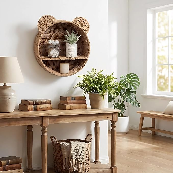 Bear Nursery Decor Wall Shelf, Handwoven Wicker Nursery Shelves for Wall, Wall Mounted Nursery Bookshelf for Small Books, Toys & Decor