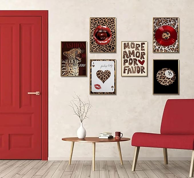 6pcs Fashion Leopard Wall Art Prints Leopard Lucky 8 Ball Poster Ace of Hearts, Spades Poker Canvas Prints Vintage Preppy Room Aesthetic Cheetah Wall Decor for Teen Girls Bedroom Dorm Apartment Living Room Decor Unframed