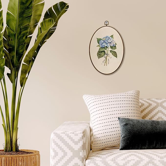 JQF Blue Hydrangea Floral Oval Wall Decor, Rustic Cottagecore Floral Oval Canvas Wall Art, Neutral Botanical Antique Flower Framed Prints Hanging Decor for Home Bedroom Living Room, 8.5x11.5 Inch