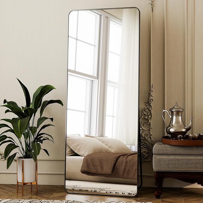 Black Full Length Mirror 21 x 56 Inch Nano Floor Mirrors with Stand Rounded Corner Full Body Mirrors with Aluminum Alloy Frame for Bedroom Living Room Checkroom