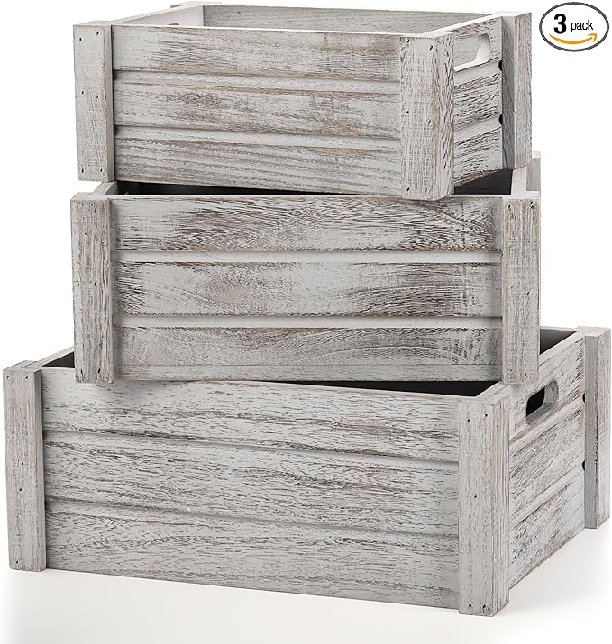 Hacaroa 3 Pack Wood Crates with Handles, Rustic Nesting Storage Container Box Decorative Wooden Basket Bins for Fruit, Vegetable, Home, Laundry, Farmhouse, 3 Sizes