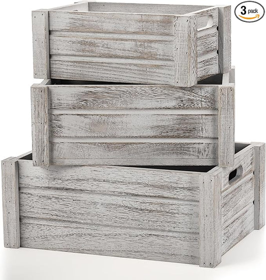 Hacaroa 3 Pack Wood Crates with Handles, Rustic Nesting Storage Container Box Decorative Wooden Basket Bins for Fruit, Vegetable, Home, Laundry, Farmhouse, 3 Sizes