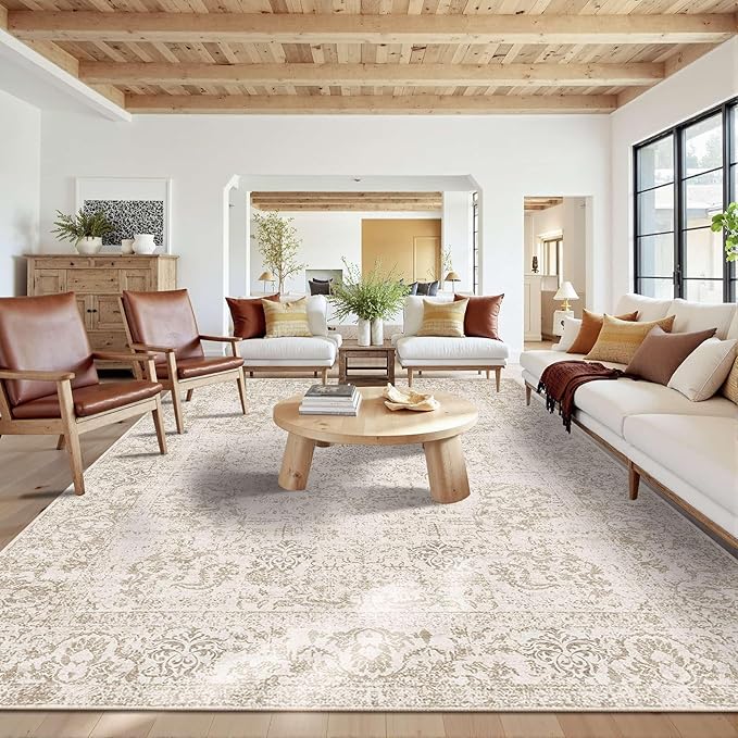 Rugxara 10x14 Washable Area Rug for Living Room, Extra Large,Green Vintage Floral Boho Rugs for Dining Room, Farmhouse, Durable Low Pile Non Slip Carpet for High Traffic Areas, Light Brown