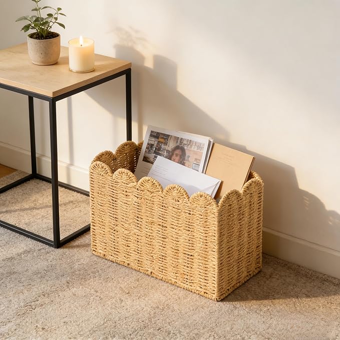 Paper Rope Magazine Holder for Floor, Wicker Magazine Basket, Tall Narrow Book Basket & File Holder for Books, Mail, Newspapers & Papers, Scalloped Storage Basket for Living Room, Office, Bedroom