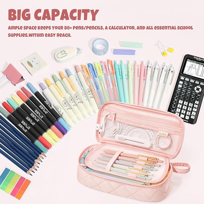 SUNEE Cute Pencil Case, Large Capacity Pencil Pouch Aesthetic Zipper Pencil Bag, Big Storage Pen Organizer for Stationery, Soft Quilted Pencil Box Back to School Supplies for Teen Girls Boys,Soft Pink