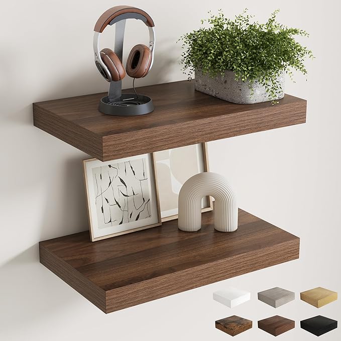 12 Inch Deep Floating Shelves for Wall, 20 x 12 Rustic Wood Grain Bathroom Shelves with Invisible Brackets, Easy Install Wood Storage Shelves for Kitchen, Living Room, Bedroom, Walnut, Set of 2