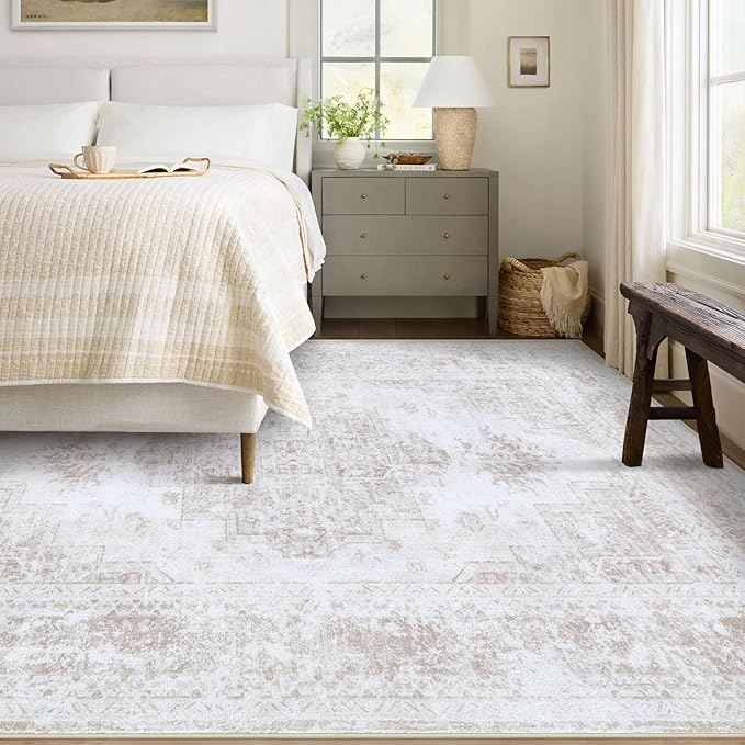 XLUEZ Area Rug 5x7 Living Room Rug, Machine Washable Vintage Distressed Medallion Rug Non-Slip Soft Low Pile Large Indoor Rugs for Bedroom Kitchen Dining Room Office(Beige,5'x7')