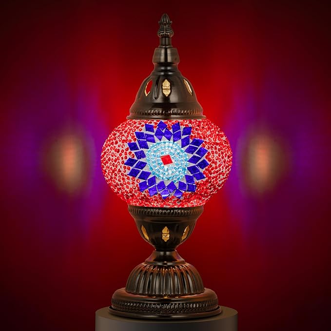 Marrakech Vintage Lamp Turkish Mosaic Lamps with Tiffany Style, Handmade Moroccan Table Lamps with Bronze Base Including LED Bulb for Living Room Bedroom Decor (Red)
