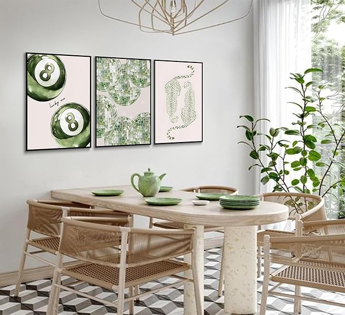 3Pcs Trendy Leopard Disco Ball Canvas Wall Art Sage Green Lucky Poster Prints Preppy Ace Cards Wall Decor pictures for Girly Bedroom Apartment Dorm Decoration Unframed