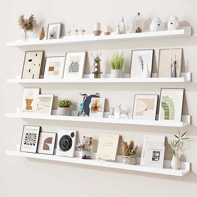 Heimlove Picture Ledge Shelf,48 inch Long Floating Shelves for Wall Set of 4,White Picture Shelf with Lip for Wall Decor,Living Room,Bedroom,Bookshelf,Nursery,Perfume