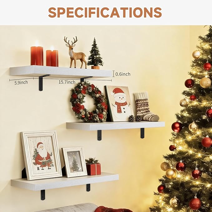 Easy Install Floating Shelves, 15.7 Inch Wall Mounted Wood Shelf,Hanging Shelf for Home Decor, Books and Storage, Small Organizer for Bedroom, Bathroom, Kitchen, Set of 3, White