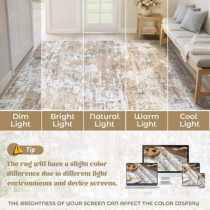 XLUEZ 9x12 Area Rug for Living Room, Washable Modern Abstract Large Area Rug Neutral Soft Non Slip Kids Rug Stain Resistant Indoor Carpet for Bedroom Dining Room Playroom Office(Beige, 9'x12')