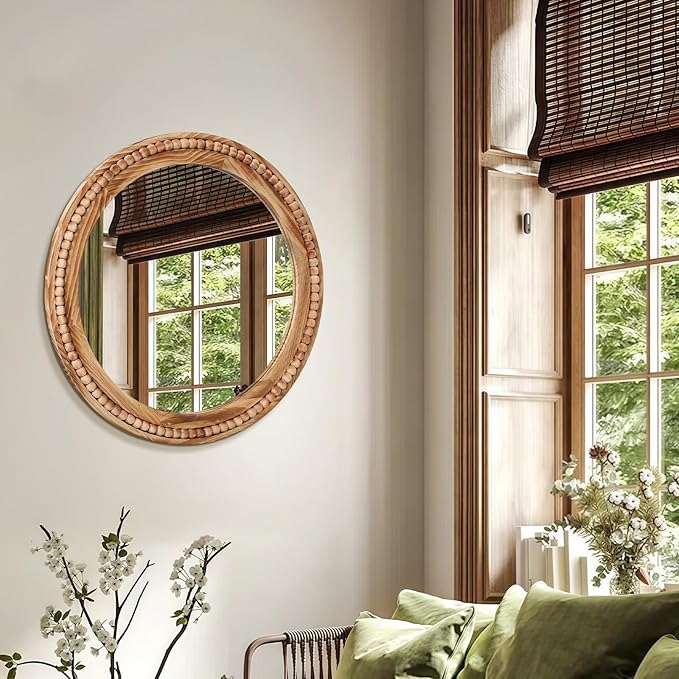 ULIKE Round Wood Mirror with Natural Wooden Bead Frame, 24 Inch Rustic Farmhouse Wall Mirror for Bathroom Nursery Bedroom Living Room Brown