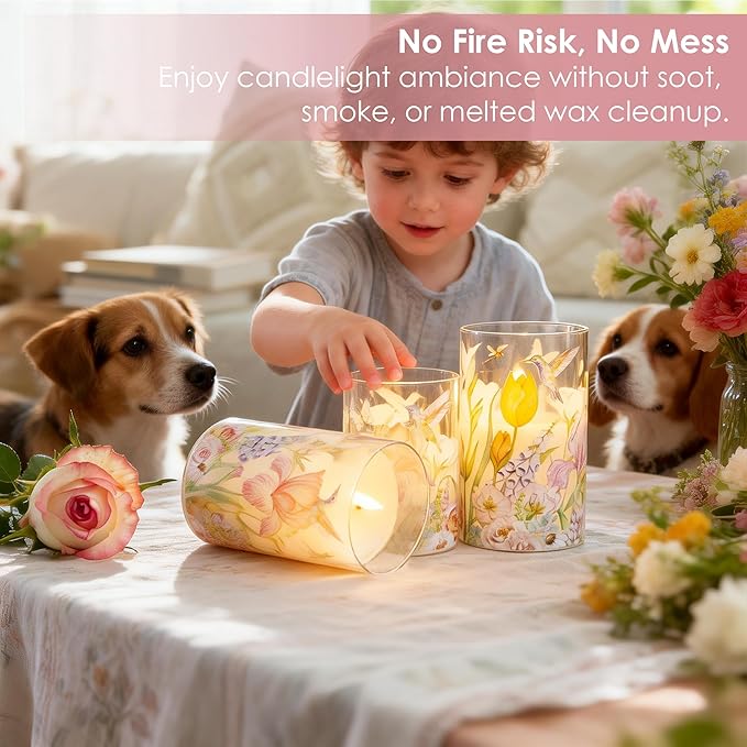 LUSHARBOR Flameless Candles with Remote, Battery Operated Glass Candles Hummingbird Flickering LED Electric Pillar Candles Real Wax Floral Christmas Decor Set of 3