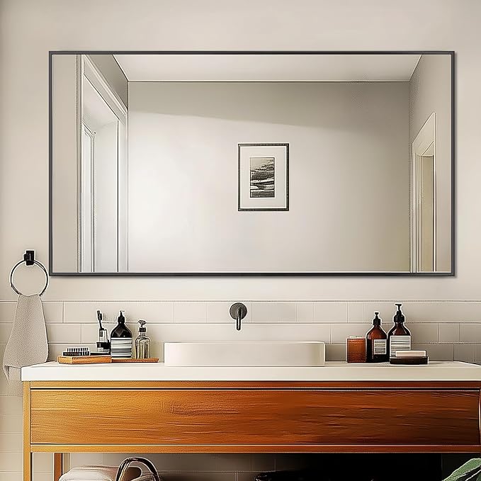 Antok 55x30 Black Metal Framed Bathroom Mirror, Wall Mirror with Rect Corners, Vanity Mirror for Over Sink, Anti-Rust Tempered Glass, Horizontal/Vertical Hanging for Bathroom, Living Room, Entryway