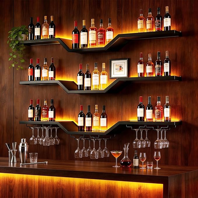 39.4" Large Modern Wall Mounted Wine Rack with LED Light, 3-Tier Floating Bar Shelves, Large Bar Shelf with Wine Glass Rack, for Home Bars and Restaurants, Black