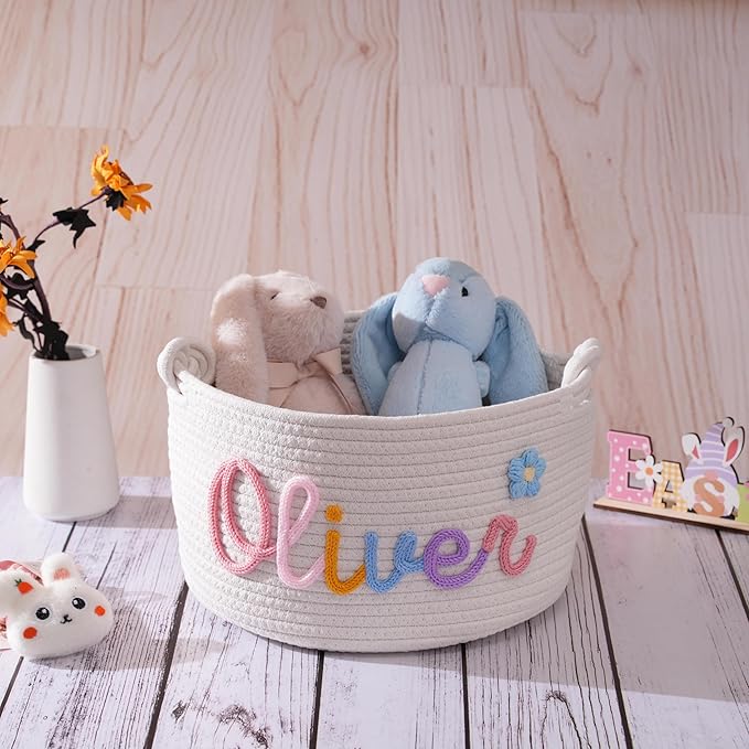 JUPPE Custom Baby Shower Basket, Personzlized Basket with Baby Name, Baby Boy Girl Storage Organizer Cotton Rope Nursery Decor Newborn Gift (style 1) (Mixing Colors)