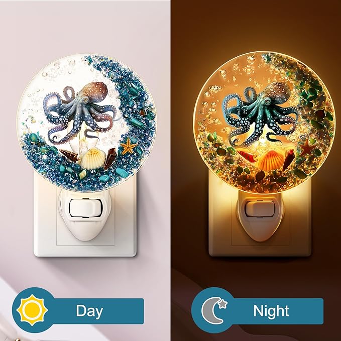 Hortsun Plug in Seashell Night Light Ocean Sea Animal Decorative Night Light Plug in Beach Lamps Vintage Ocean Lamps for Adult for Home Bedroom Living Room Bathroom Wall(Octopus)