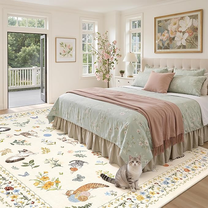 Soalmost Cat 9x12 Area Rugs for Living Room, Machine Washable Animal Floral Vintage Rug Non-Slip Low Pile Soft Throw Large Rugs for Bedroom Dining Room Kitchen Nursery Playroom (9 x 12,Beige)