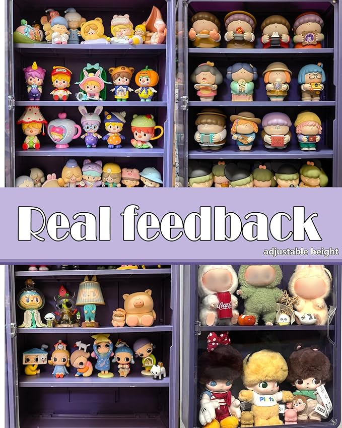 HGYZE Clear Display Case for Figures, 15.75" High, Wall Mounted Shelf with Magnetic Door, Hanging Display Case for Collectibles Action Doll Blindboxes Storage (Purple, 4-Layer 1 Pack)