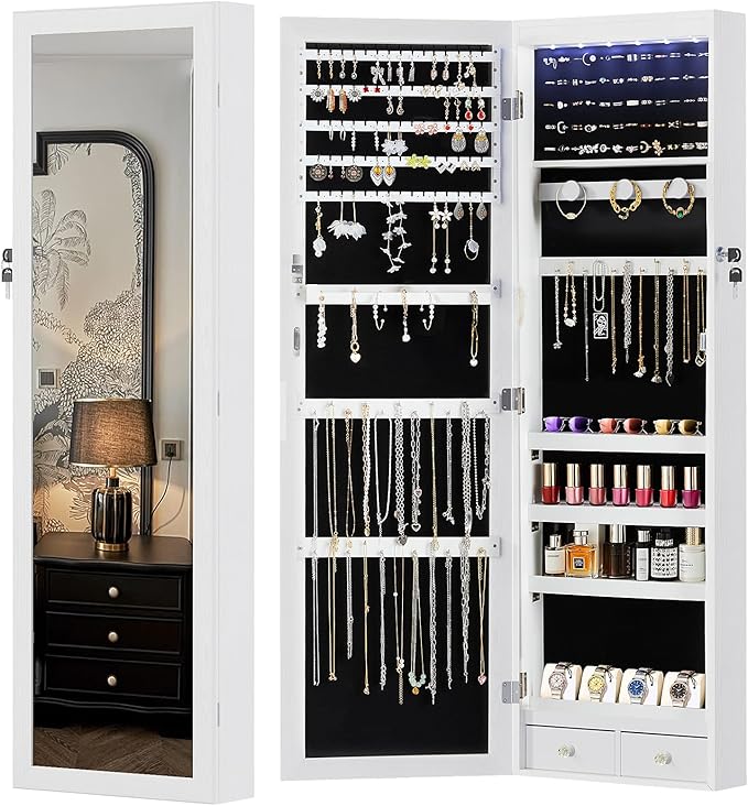 Sweetcrispy Jewelry Organizers and Storage, Wall/Door Mounted Jewelry Armoire with Full Length Mirror, 47.2" Tall Mirror with Storage, Automatic 6 LED Lights, Lockable, 2 Drawers, White