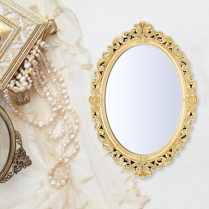 Beeveer 1 Style Vintage Mirrors Set Decorative Oval Wall Mirror Small Antique Mirrored Tray Decorative Hanging Mirror for Bathroom Bedroom Jewelry Organizer Victorian Decor (Oval,Gold)