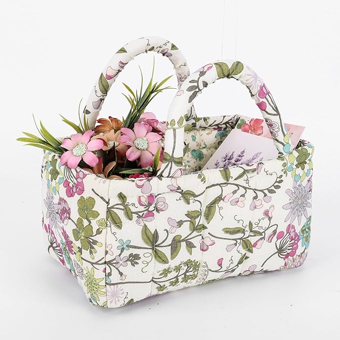 Small Storage Basket Organizer, Mini Quilted Fabric Basket with Handle, Collapsible Storage Bin for Socks, Keys, Diapers