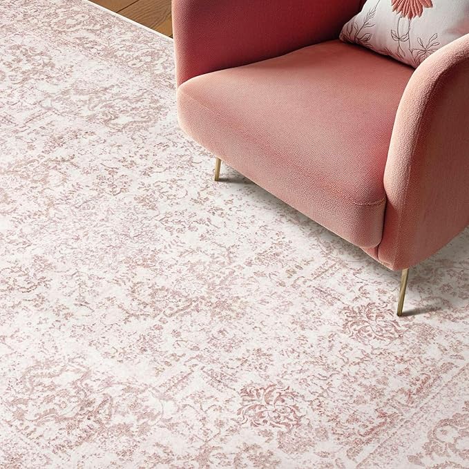 Rugxara Washable Area Rug for Living Room & Bedroom, Light Pink Rugs for Women, Non Slip, Durable Low Pile Carpet, Vintage Carpets for Office, Dining Room, Kids Room and Farmhouse(4x6ft)