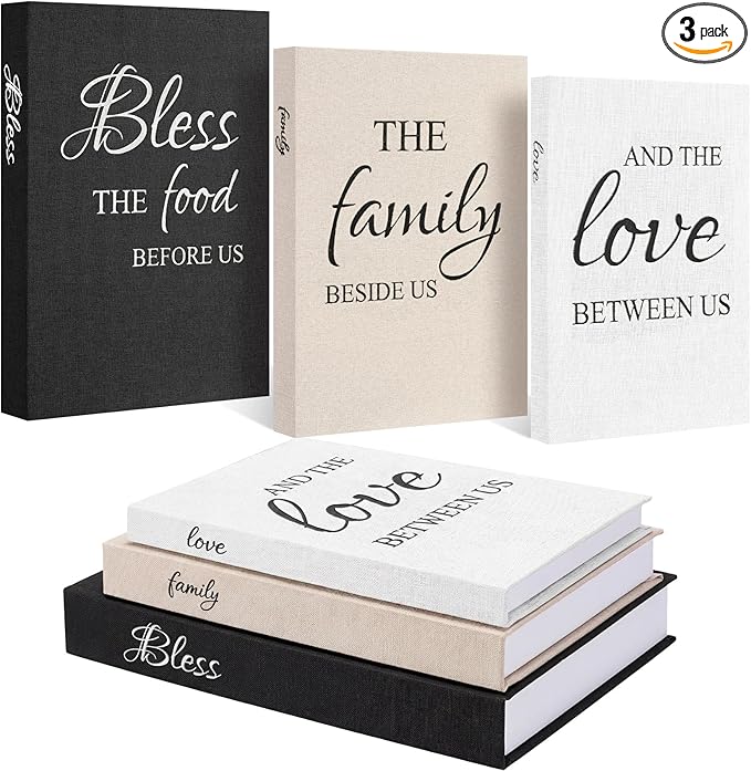 Weysat Set of 3 Bless Family Love Decorative Books for Home Decor Linen Faux Books Stacked Neutral Modern Aesthetic Fake Storage Boxes for Coffee Table, Bookshelf or Mantle Display