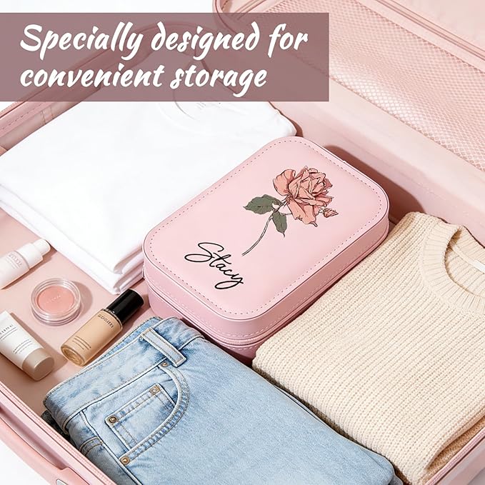 Personalized Travel Jewelry Case with LED Mirror, Custom Jewelry Box with Birth Flower & Name, Customized Leather Makeup bag, Portable Organizer Box Gifts for Women, Mother, Daughter
