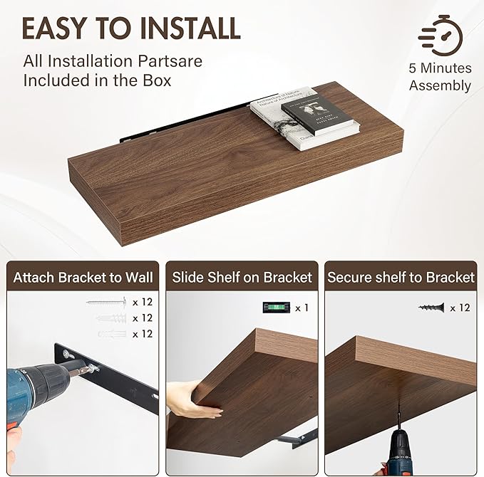 Acovy 30 Inch Floating Shelves, 12" Deep Floating Shelf Wall Mounted, 30" Wall Shelves, Rustic Deep Bookshelf, Extra Deeper & Thicker Display Shelves for Bedroom, Living Room, Walnut, Set of 2