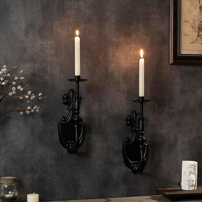 Gothic Wall Sconce Candle Holder for Taper Candles (Set of 2) Black Victorian Wall Decor for Living Room, Bathroom,Dining Room - 14.1 x 4.7 inch